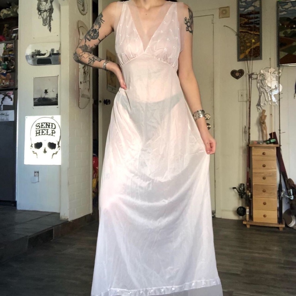 60s Lingerie Maxi Slip Nightgown Light Pink Sheer Van Raalte 36/Small/M